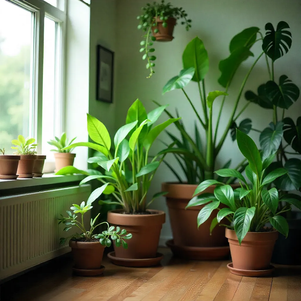 Elegant living room with hanging and elevated plants